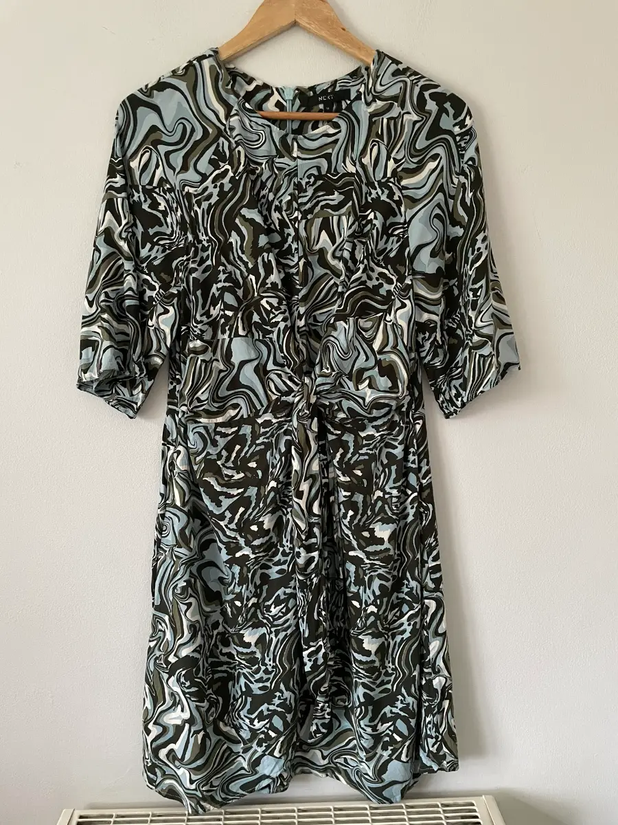 Next Blue Swirl Patterned Short Sleeve Tie Front Dress, Size 14