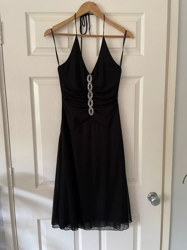 Y2K b.smart Black Diamante Front Halterneck Midi Dress, Size 8