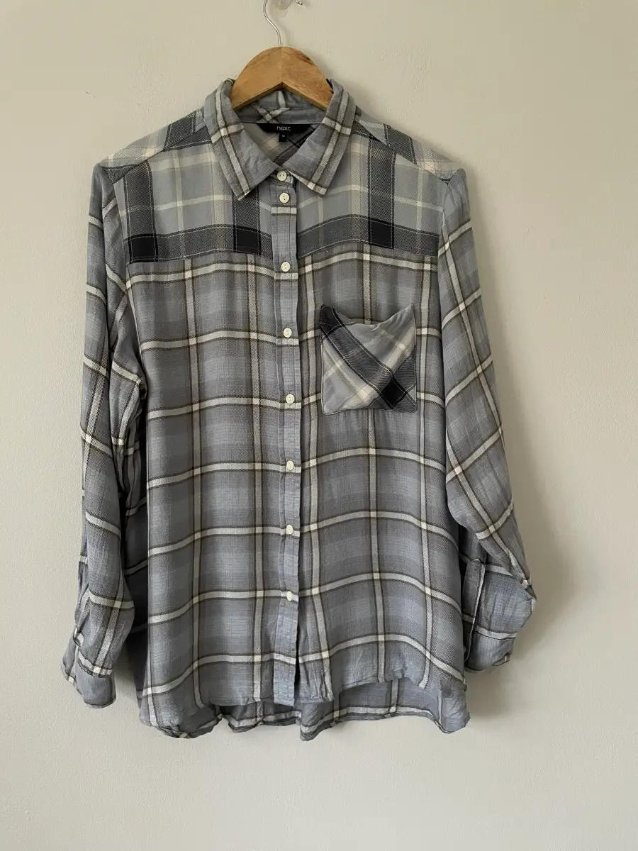Next Blue Check Long Sleeve Oversized Shirt Top, Pocket, Size 14
