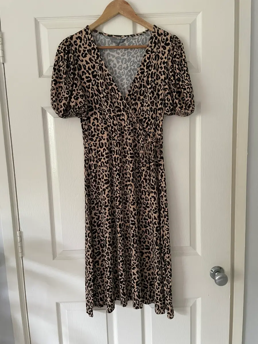 Principles Brown Leopard Print Puff Sleeve Midi Dress, Size 12