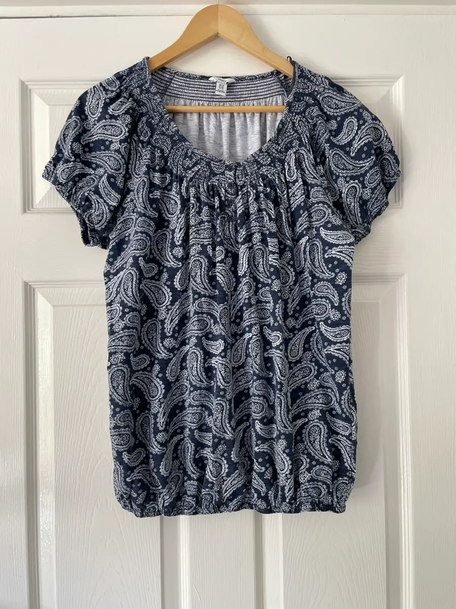 M&Co Blue & White Paisley Print Short Sleeve Top, 100% Cotton, Size 14