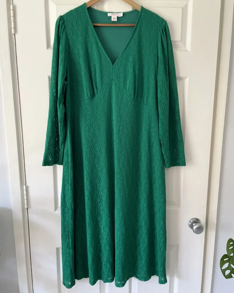 Finery Green Lacey Long Sleeve V Neck Maxi Dress, Lined, Size 20