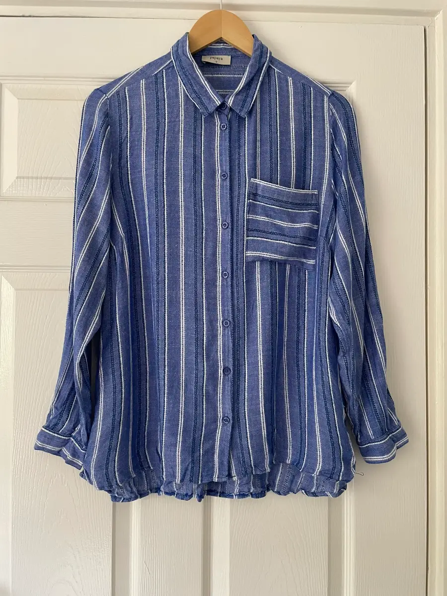 Papaya Blue & White Striped Long Sleeve Shirt, Pocket, Size 12