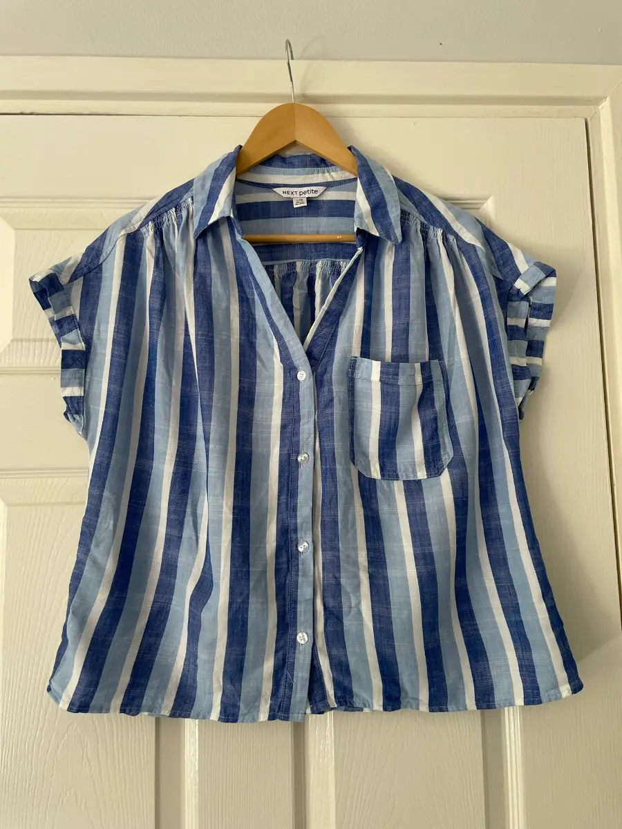 Next Blue Short Sleeve Striped Shirt, Pocket, Linen Blend, Size 16