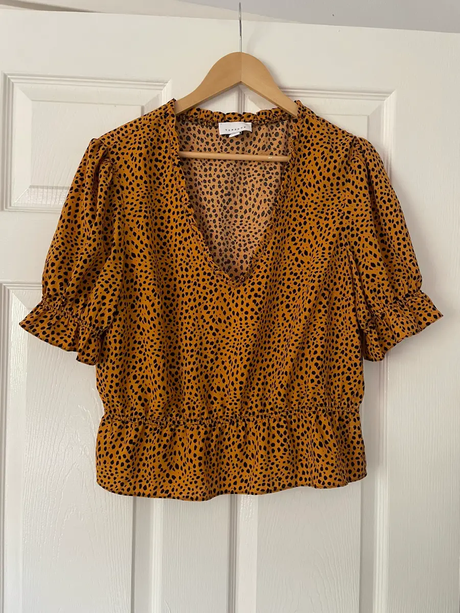 Topshop Brown Leopard Print V Neck Peplum Top, Elastic Waist, Size 14