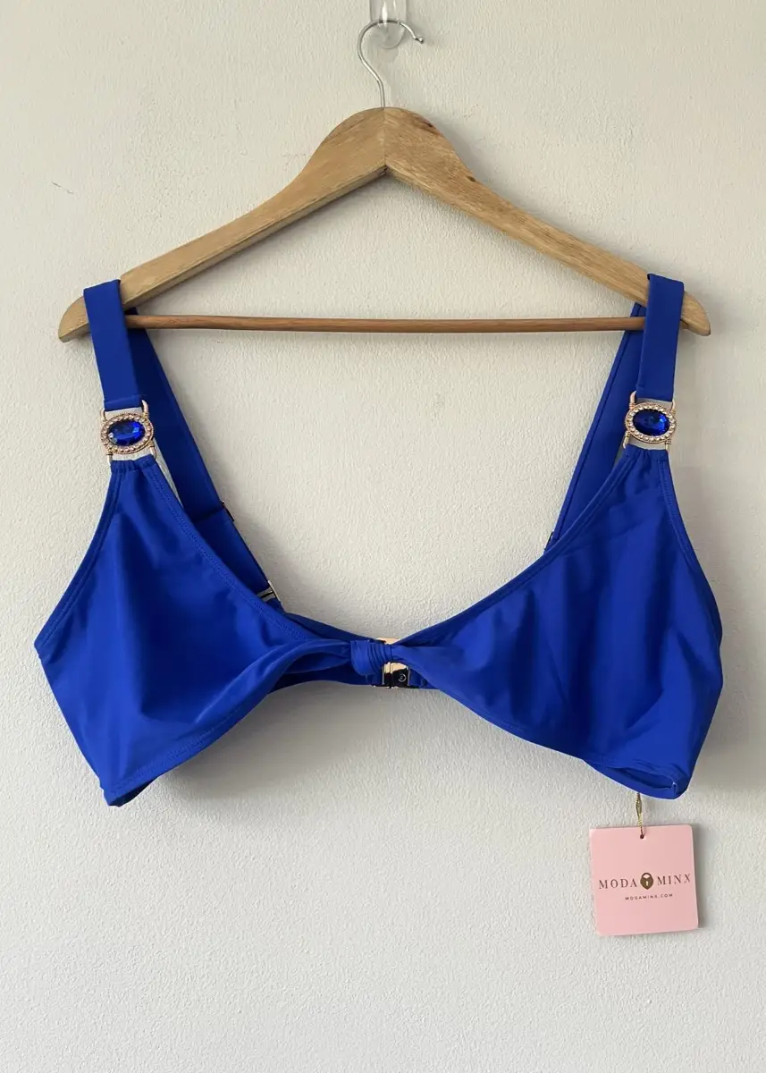 NEW Moda Minx Embankment Blue Triangle Diamante Bikini Top Adjustable Straps, Size XL