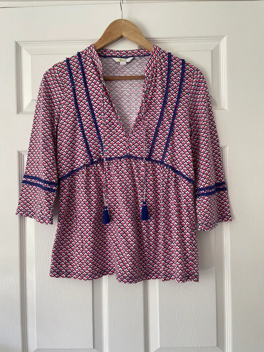 Boden Pink & White Geometric Patterned 3/4 Sleeve V Neck Top, 100% Cotton, Size 10