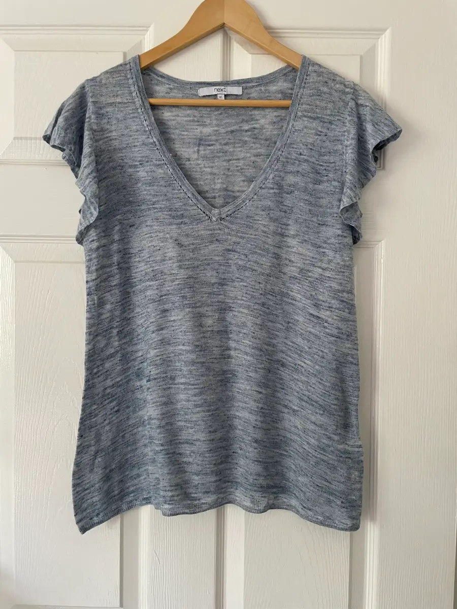 Next Light Blue V Neck Frill Sleeves Knitted Top, Linen Blend, Size 12