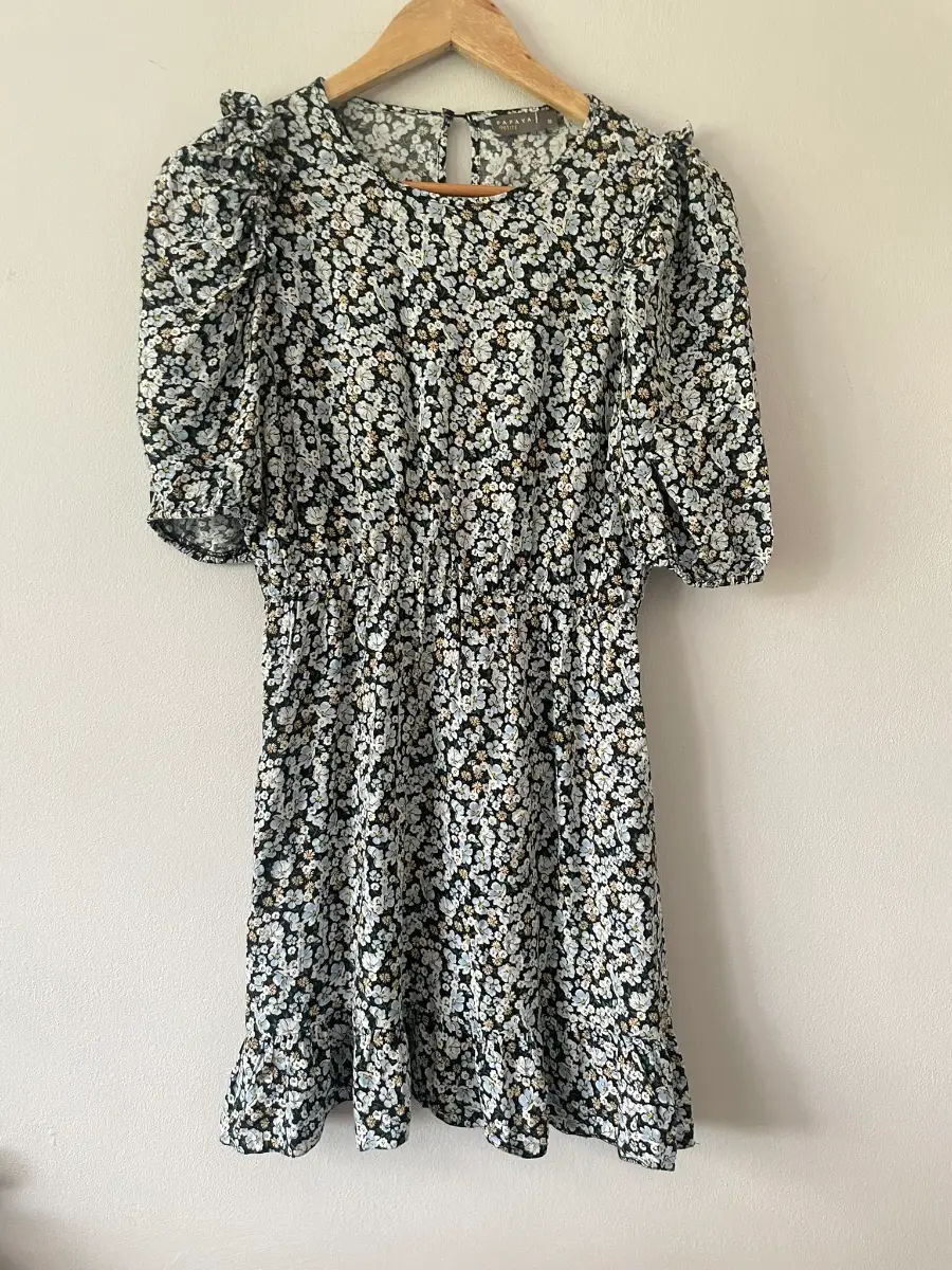 Papaya Blue Floral Short Puff Sleeve Mini Dress, Size 10