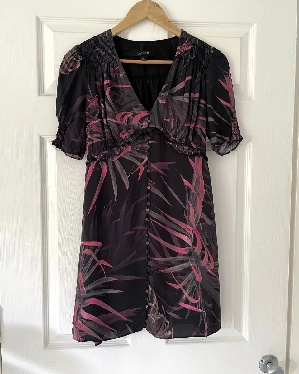 All Saints Black and Pink Floral Demi Luar Mini Tea Dress, Size 8