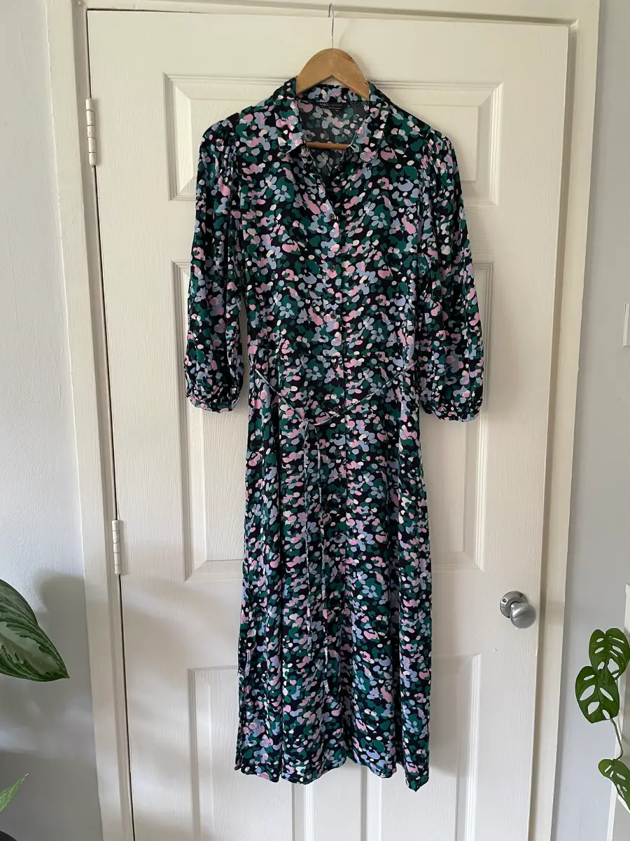 Marks & Spencer Blue Floral Shirt Long Dress, Belted, Slit, Size 10