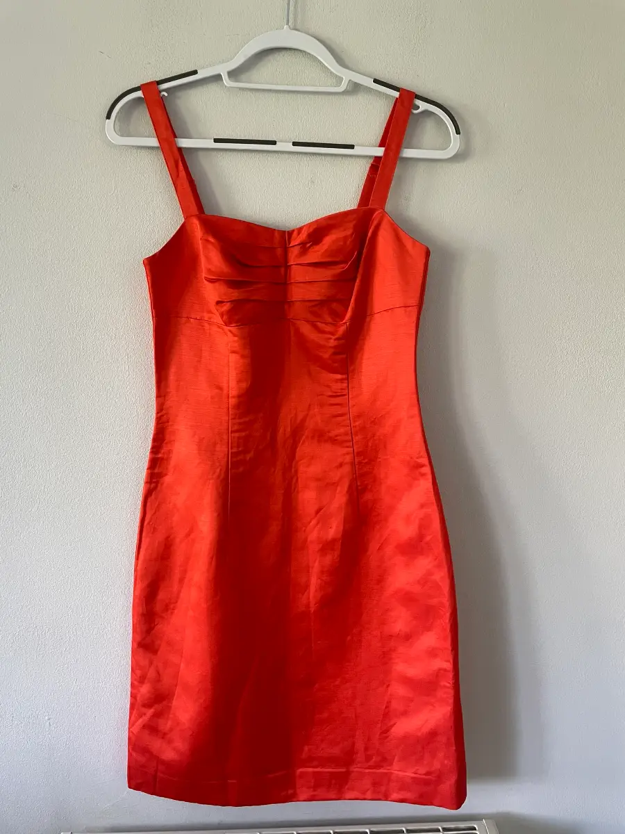 Y2K Vintage H&M Orange Satin Bodycon Dress, Ruched, Lined, Size 10