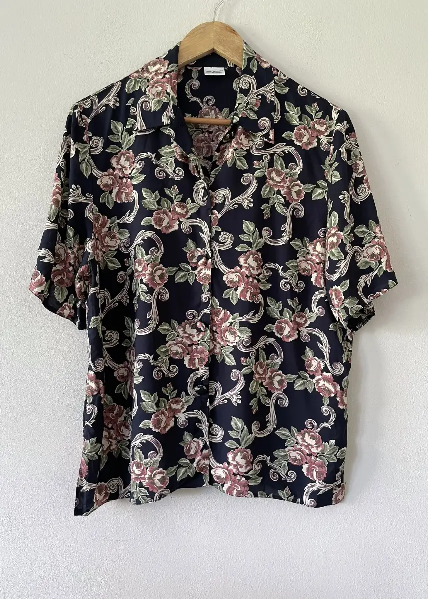Y2K Navy Blue Baroque Floral Short Sleeve Collared Shirt, Size 14