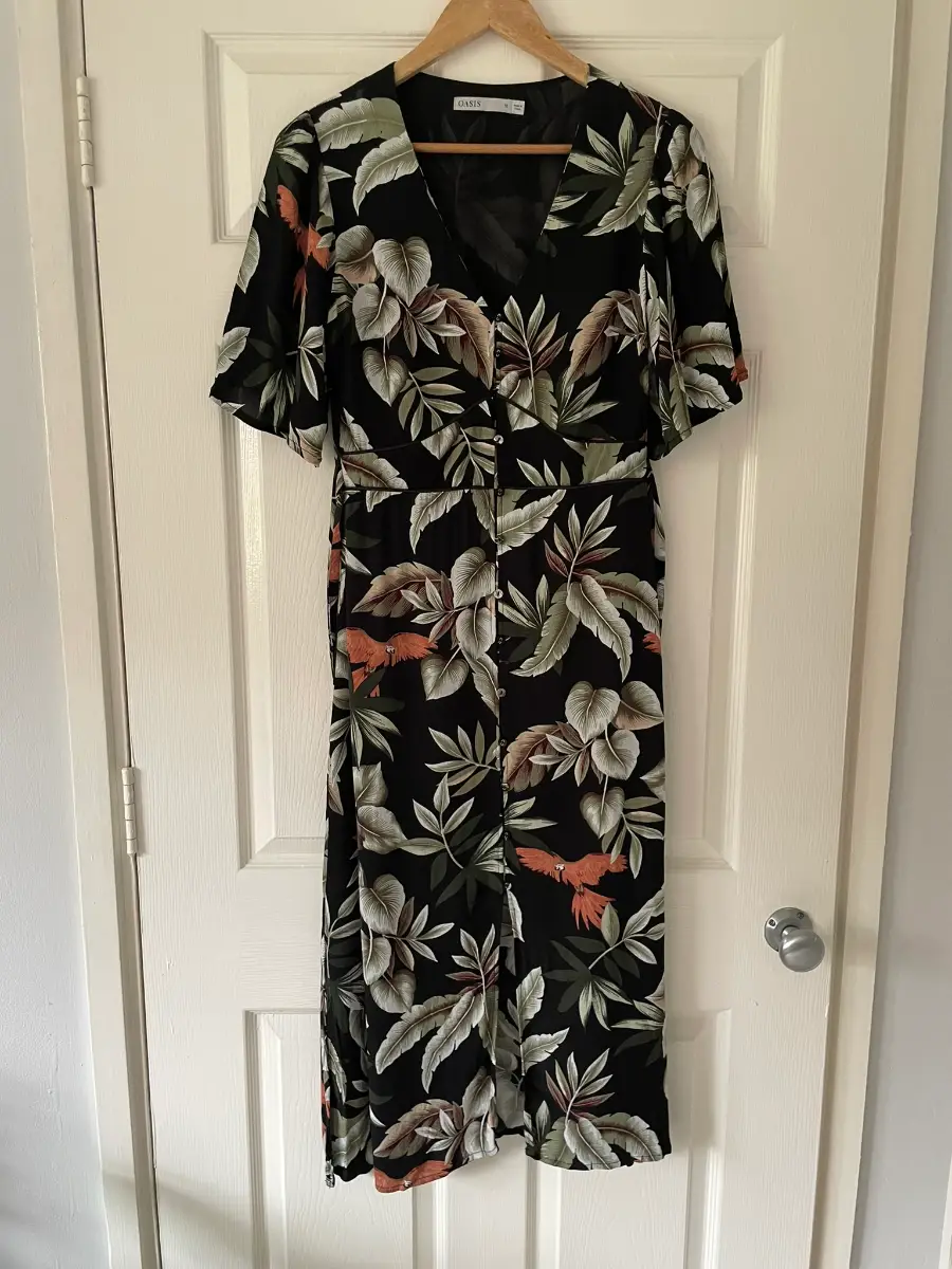 Oasis Black Floral Angel Sleeve Tea Dress, Slits, Size 10