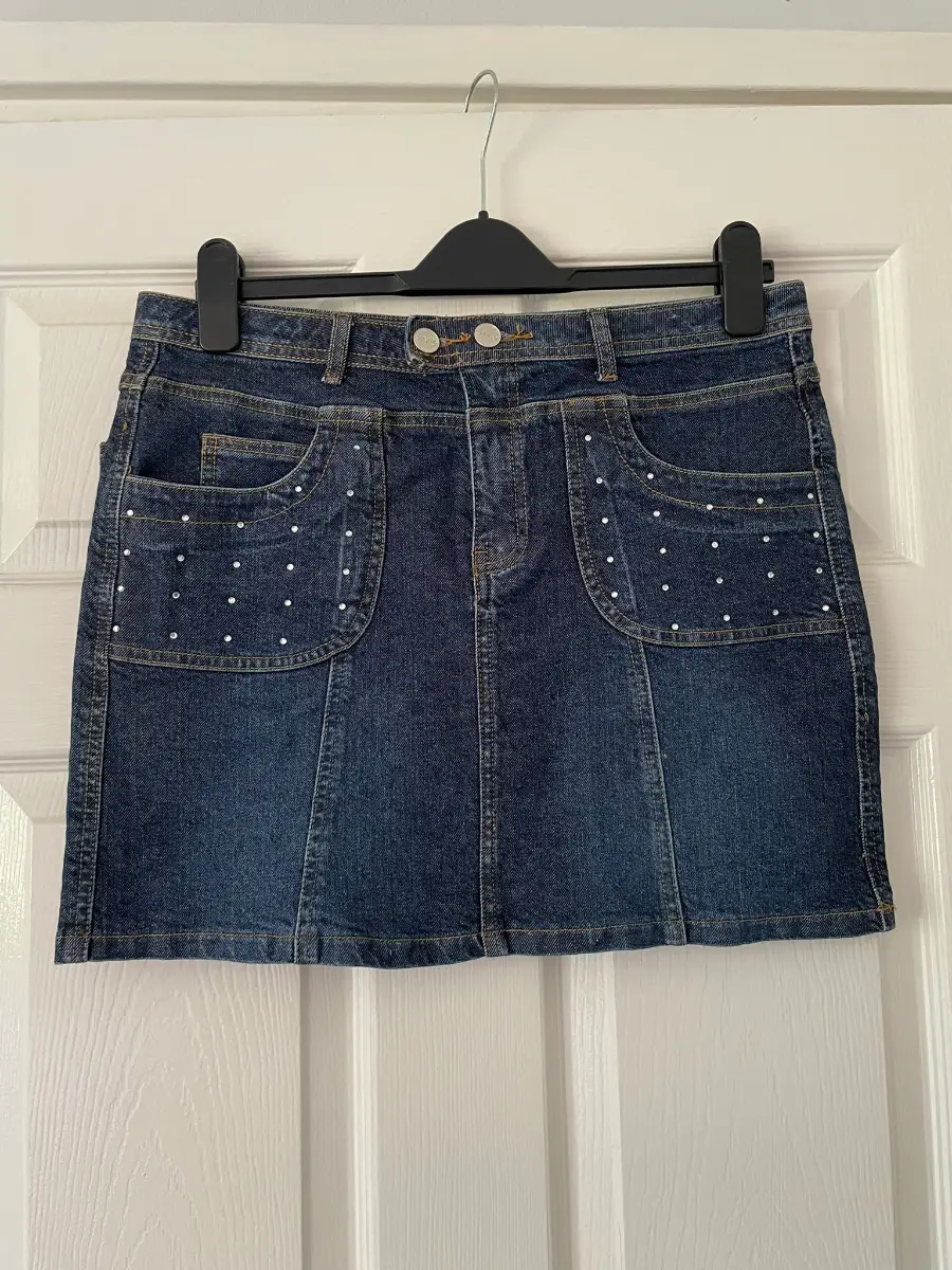 Y2K Evie Blue Diamanate Mini Skirt, Pockets, Cotton Blend, Size 14