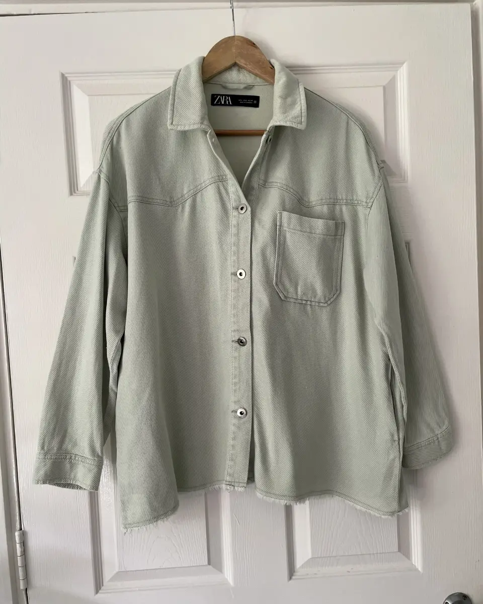 Zara Mint Green Long Sleeve Twill Shacket, Pockets, 100% Cotton, Size L