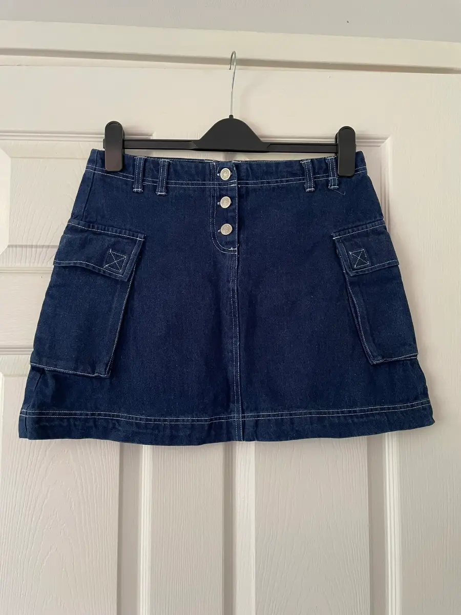 Y2K Exit Blue Denim Exposed Stitch Cargo Mini Skirt, 100% Cotton, Size L