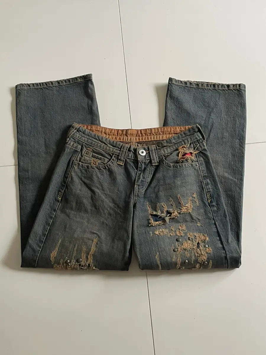 Y2K BDG Urban Outfitters Blue & Brown Distressed Studded Low Rise Jeans, Pockets W27
