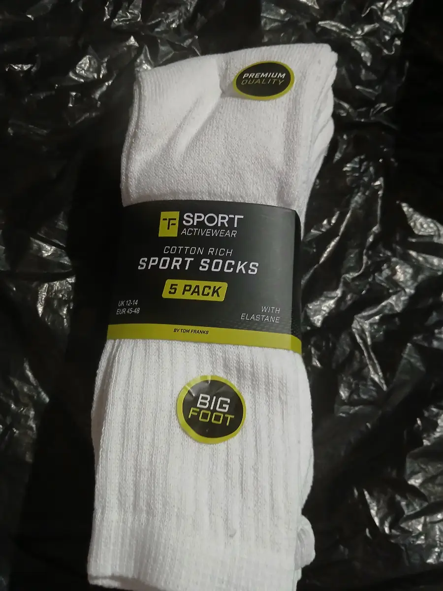 5 pack Tom franks tf sports activewear white cotton rich socks -big foot size rare size 12-14