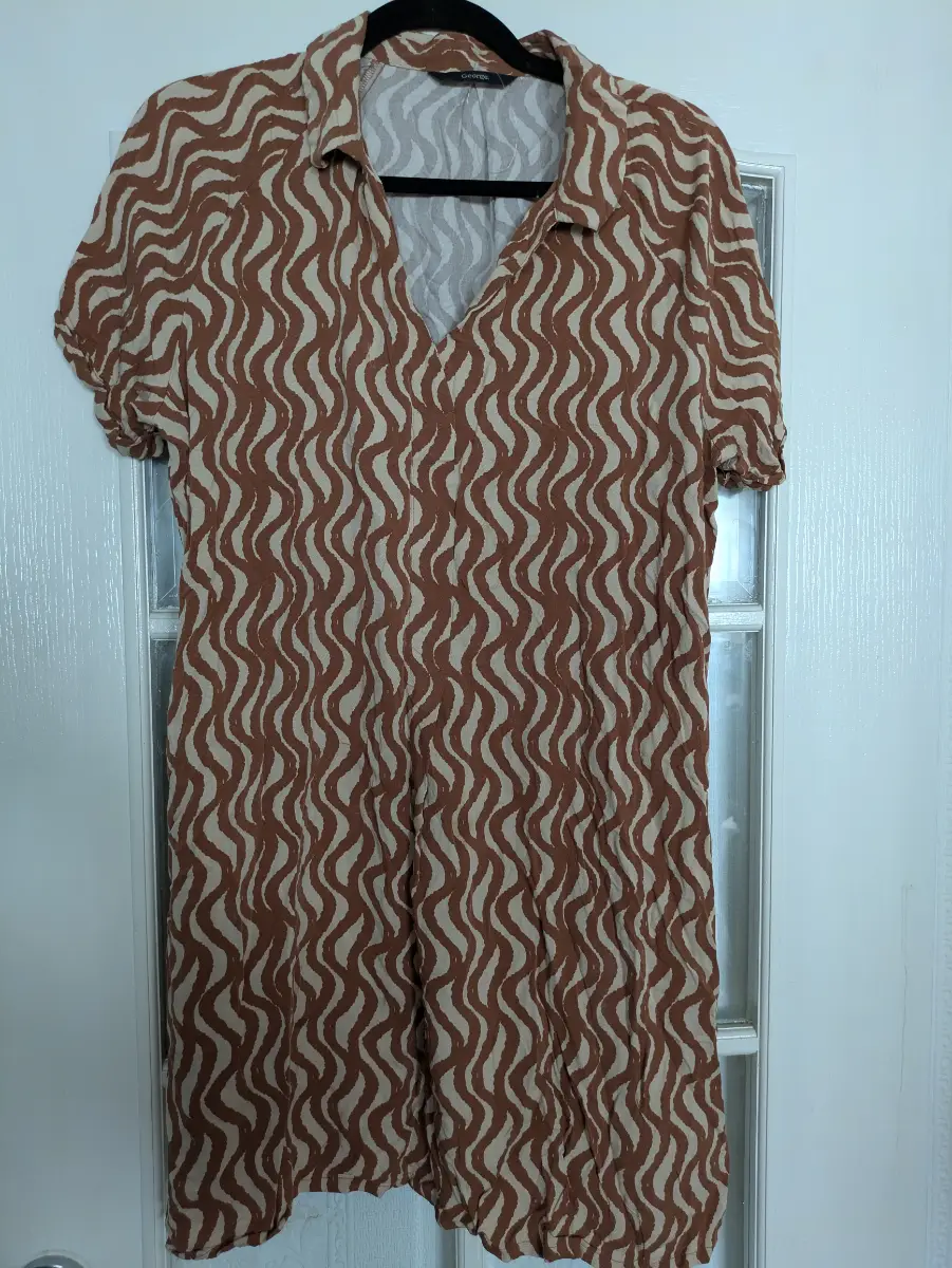 George at ASDA 100% Viscose Retro Neutral Wave Print Mini Shirt Dress Size UK 14