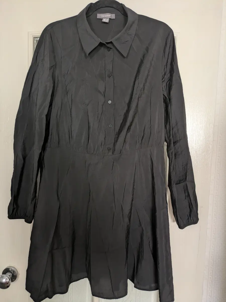 Primark Black Modal Blend Long Sleeve Shirt Dress Mini Button Front Size UK 14
