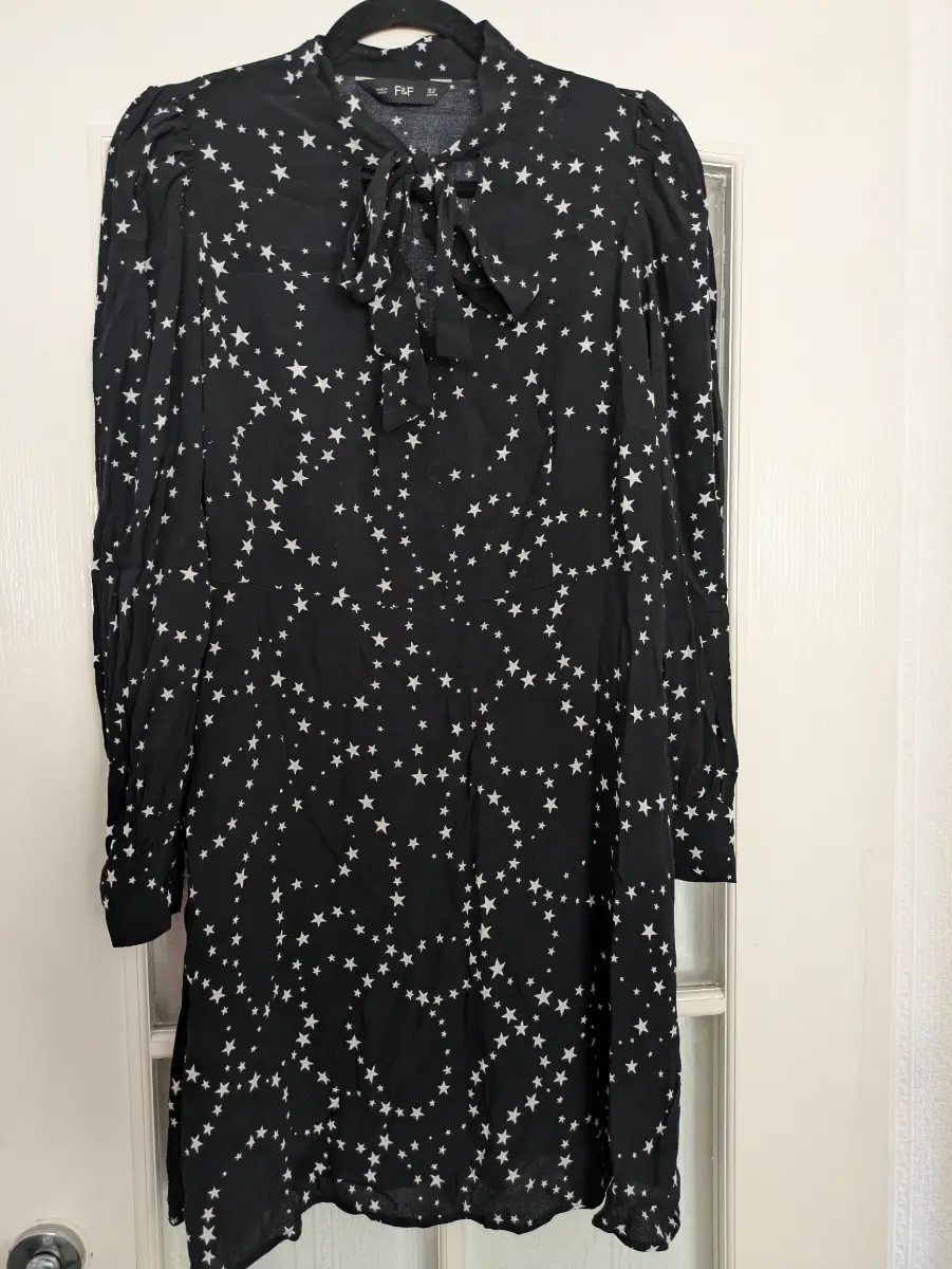 F&F 100% Viscose Black Star Print Pussy Bow Dress Long Sleeve UK 12