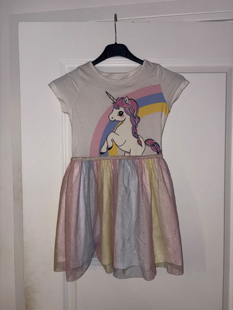 H&M Kids White & Pastel Rainbow Shimmer Unicorn Dress Size 6-8 Years