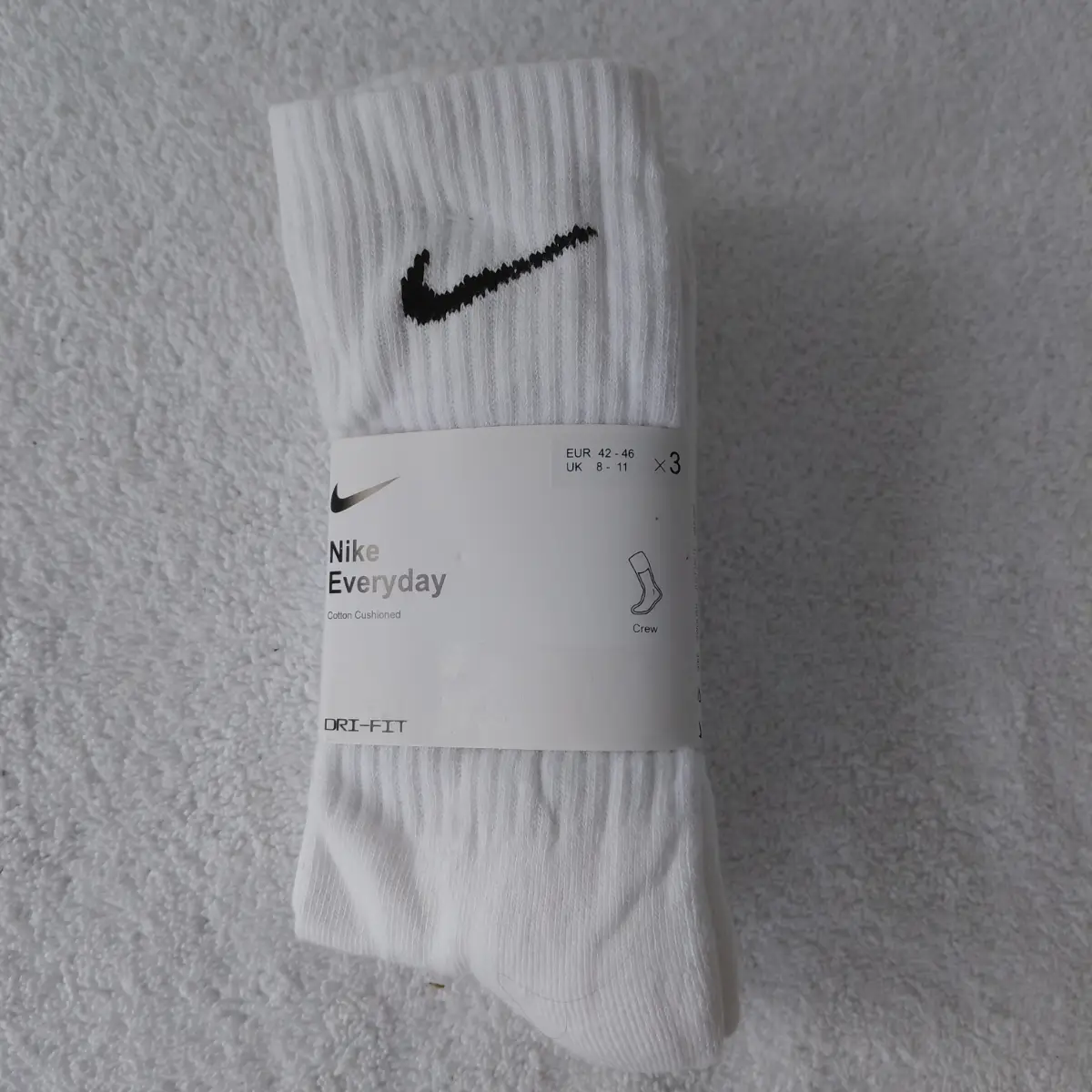 Nike Everyday Cushioned Crew Training Socks 3-Pack White UK 8-11 Dri-FIT New With Tags