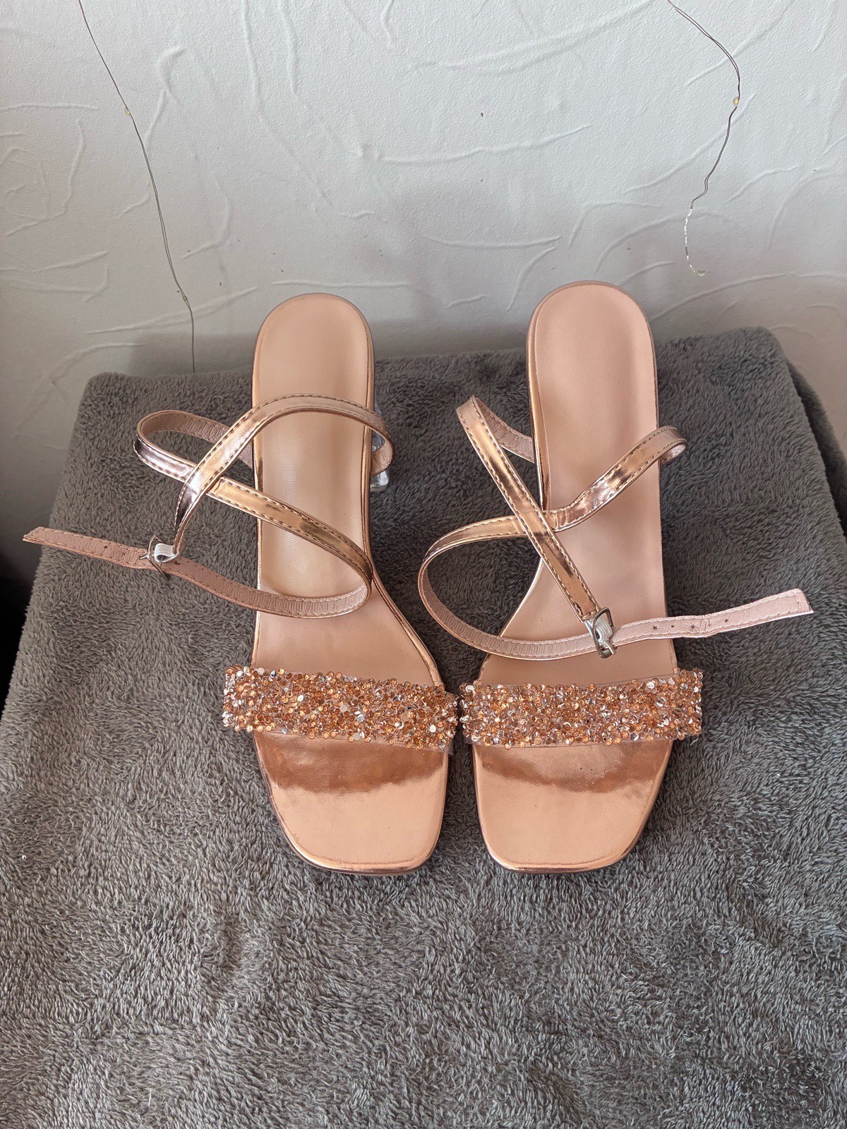 Glamorous Rose Gold Metallic Heeled Sandals with Rhinestone Strap UK Size 6.5