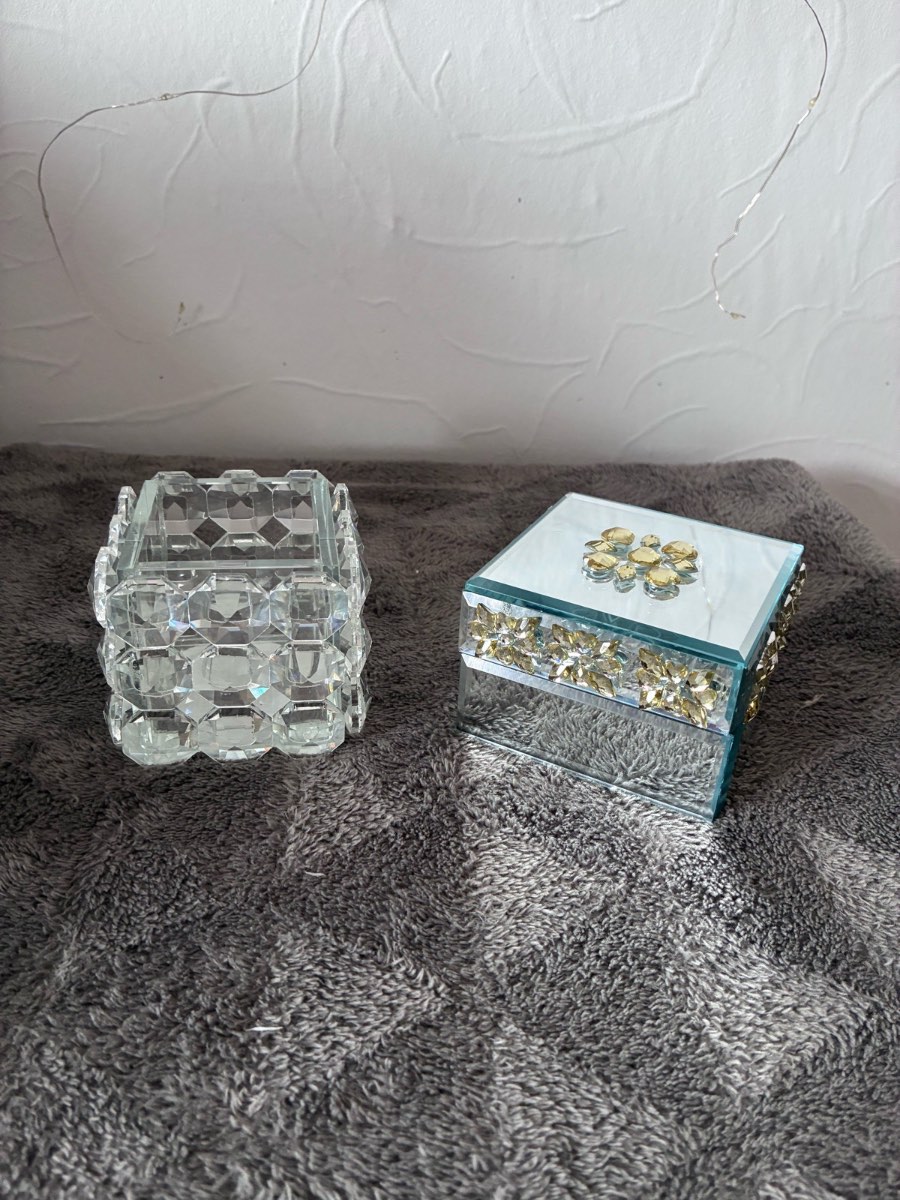 Pair of Glamorous Crystal Home Decor Items – Mirrored Trinket Box & Faceted candle Holder