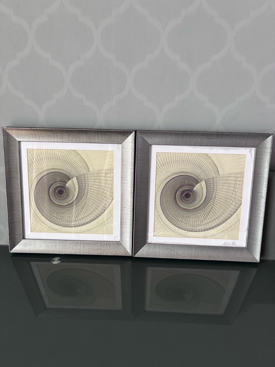 Pair of Modern Geometric Spiral Framed Wall Art Prints - Silver Frames