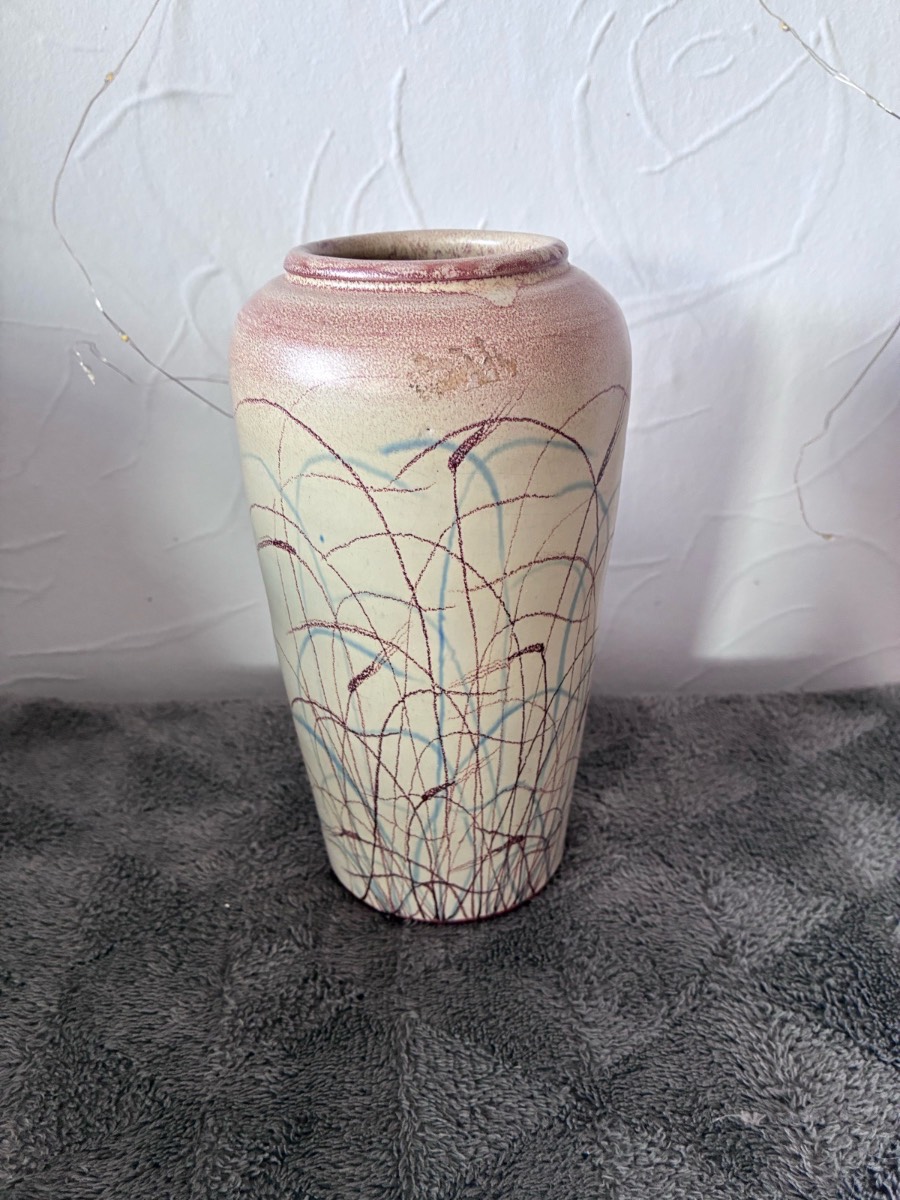 Vintage Lagos Portugal Studio Pottery Vase Hand Painted Wild Grass Abstract