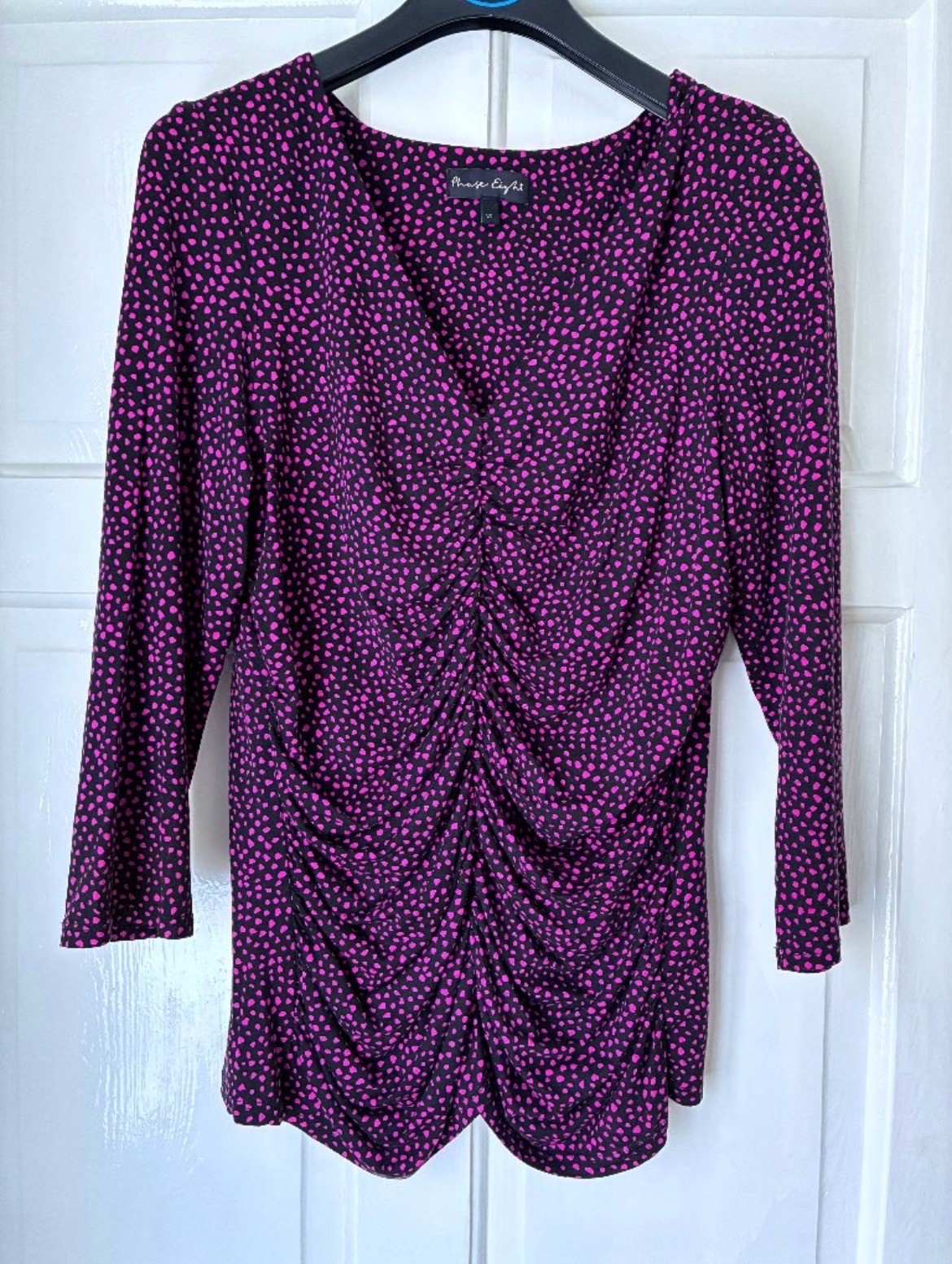 Phase Eight Women’s Ruched Front Top V-Neck Pink Black Dot Pattern Size 10