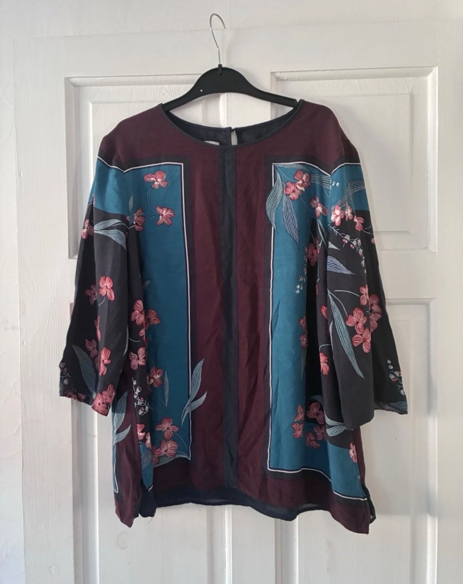 HOBBS London Silk Blend Teal Burgundy Floral Tunic Top Blouse Size Tag Missing