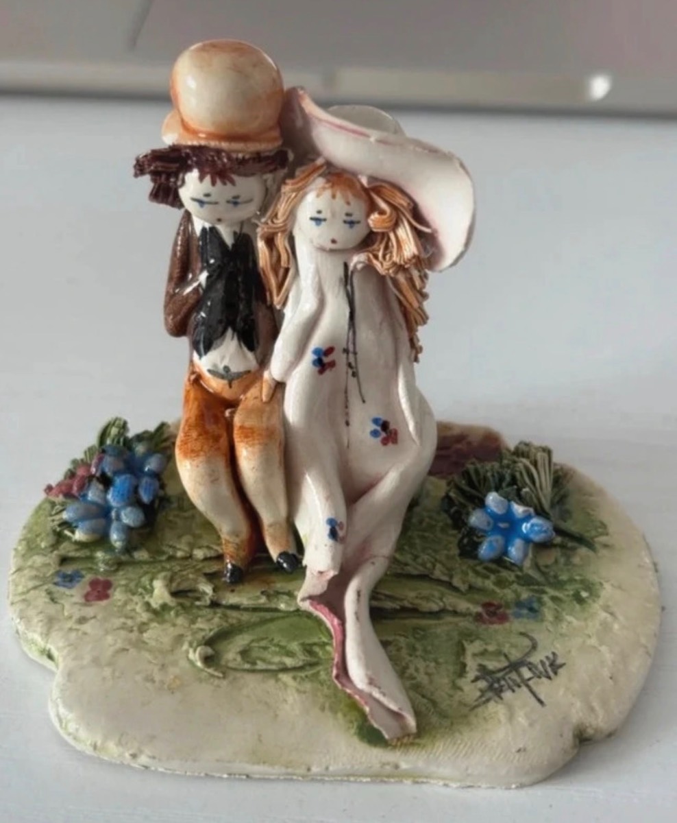 Vintage Signed Rifka Studio Art Ceramic Pottery Figurine Romantic Couple Bench