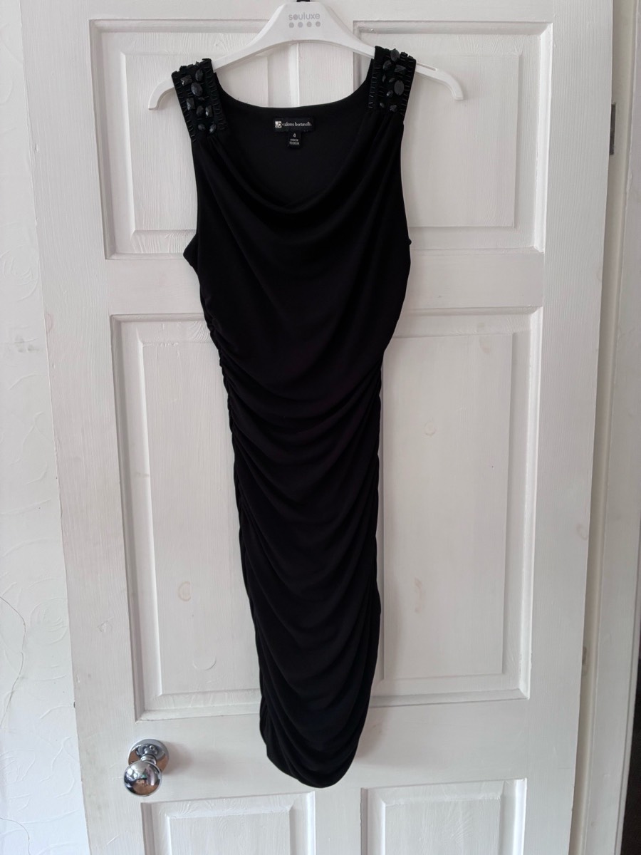 Valerie Bertinelli Black Beaded Cowl Neck Ruched Bodycon Cocktail Dress Size us 4 uk 8