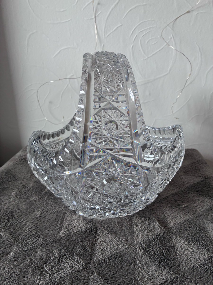 Large Vintage Czech Bohemian Cut Crystal Handled Basket Flower Fruit Bowl Heavy