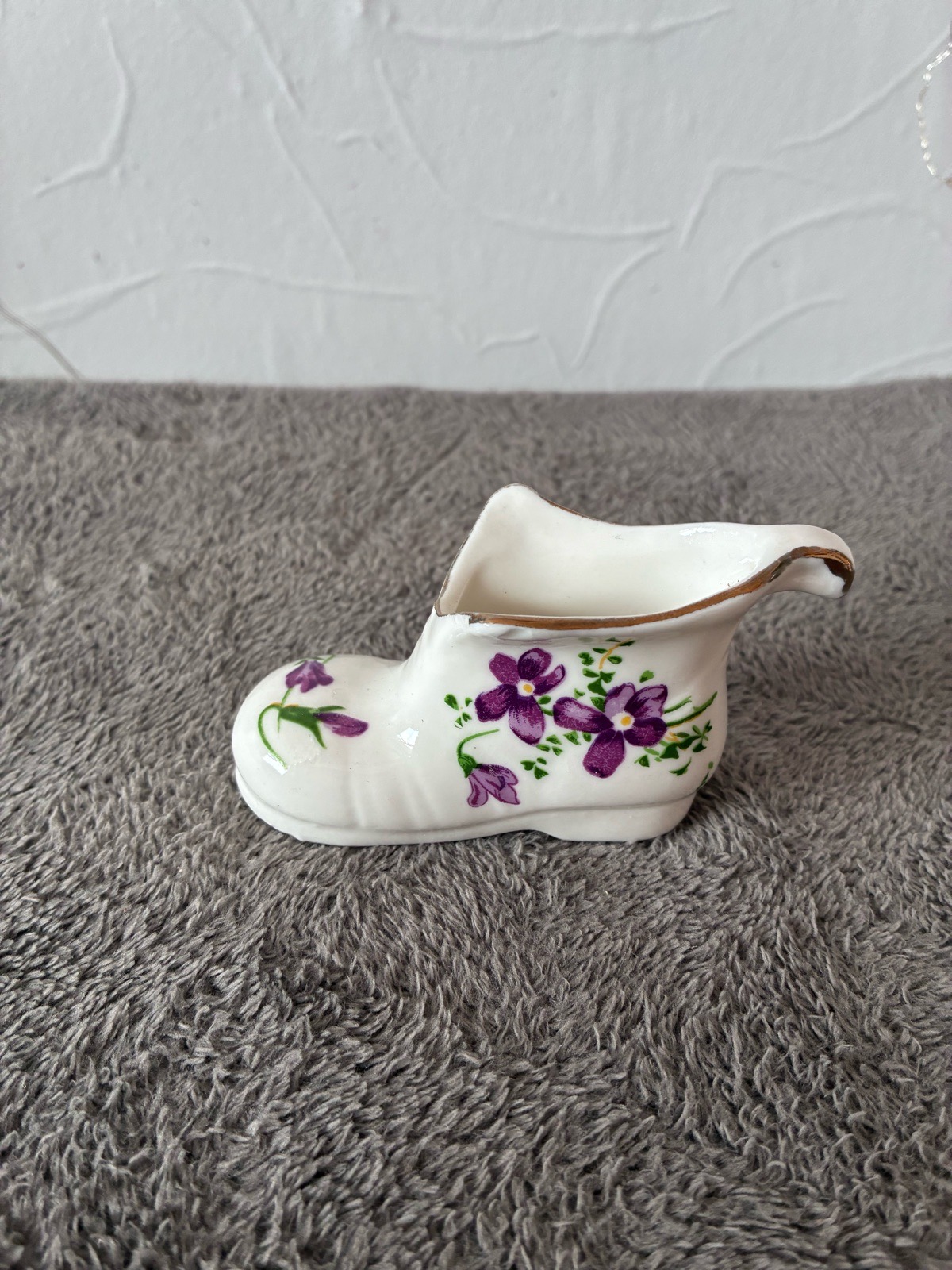 Vintage Porcelain Miniature Shoe Boot Figurine Purple Violets Gold Trim Ornament