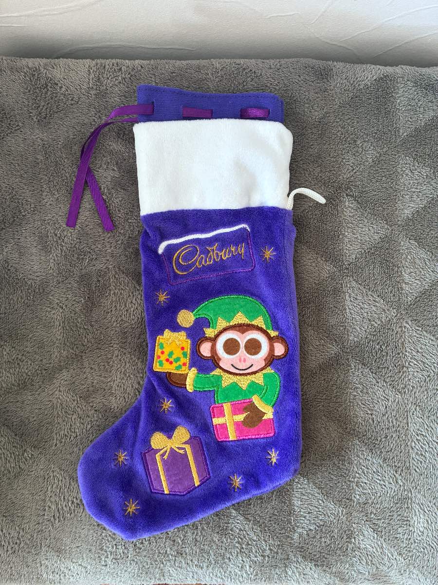 Cadbury Christmas Plush Stocking Purple Velvety Fabric Buttons Monkey Elf Rare Retired
