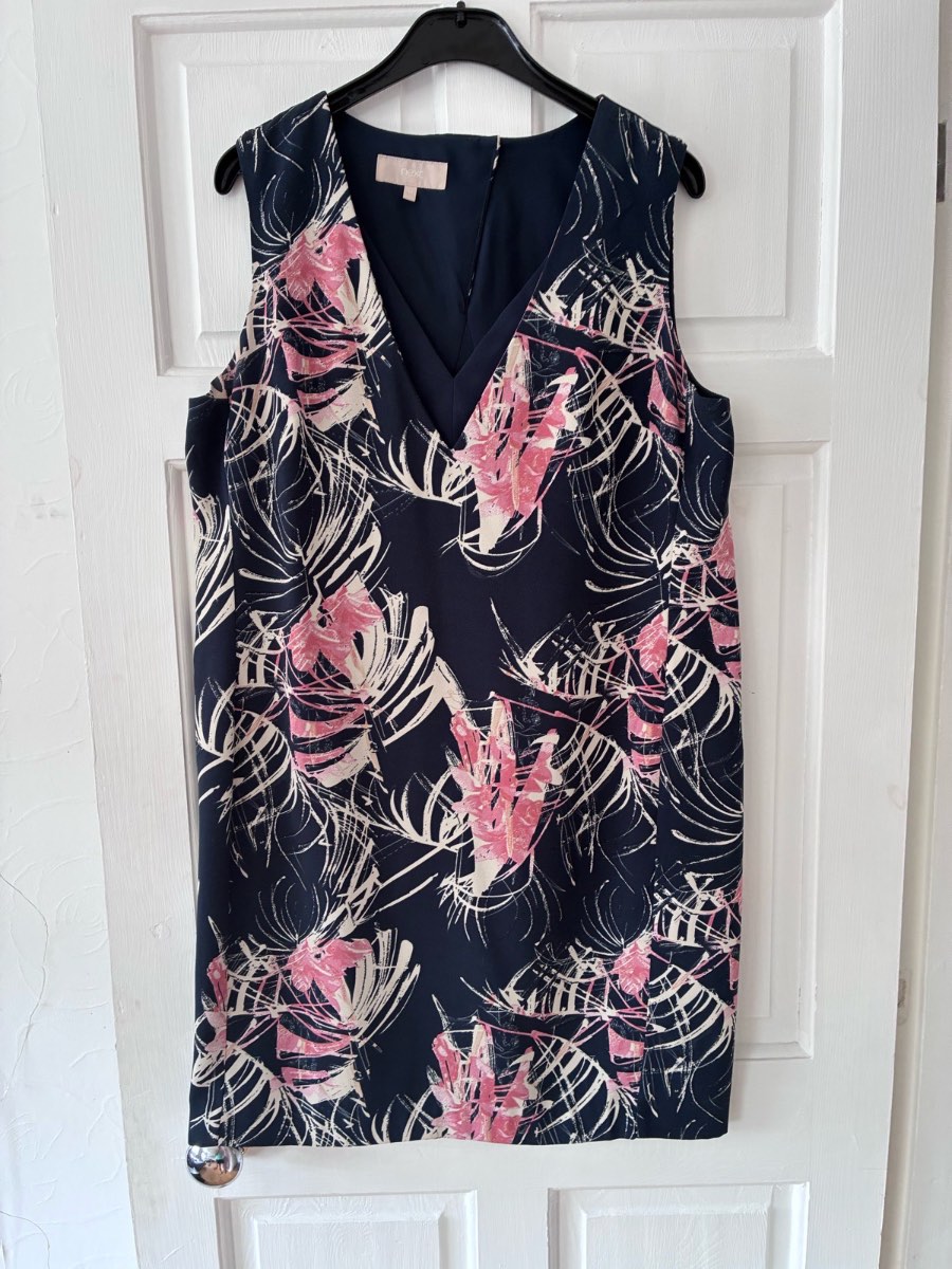 Next Ladies Navy Blue & Pink Tropical Leaf Print Shift Dress V-Neck Size 14