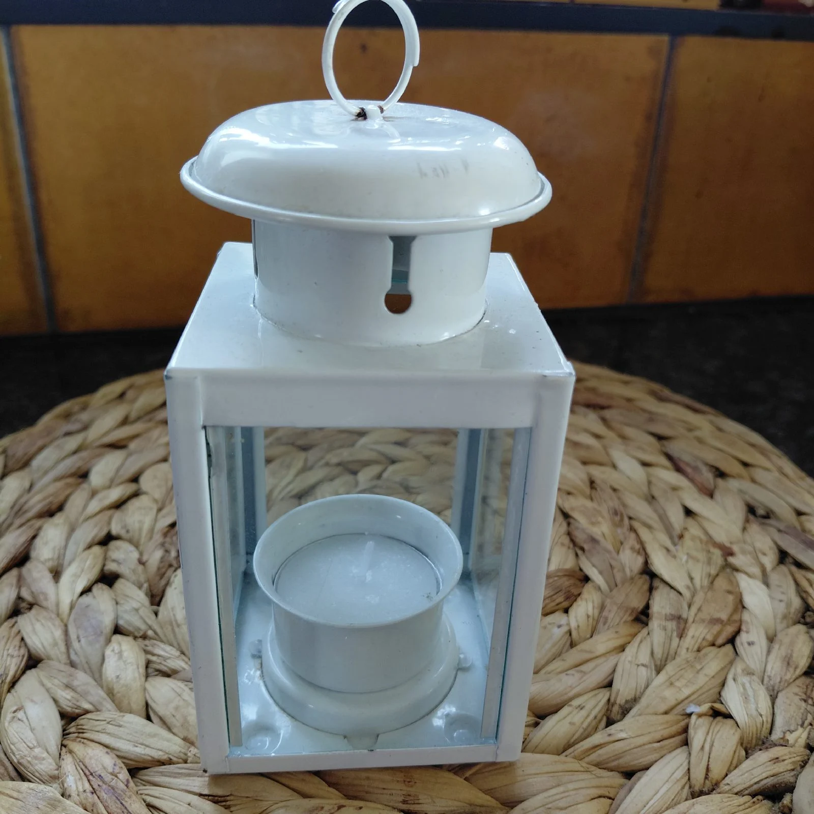 Cream Metal Lantern – Cottagecore Tealight Holder with Candle