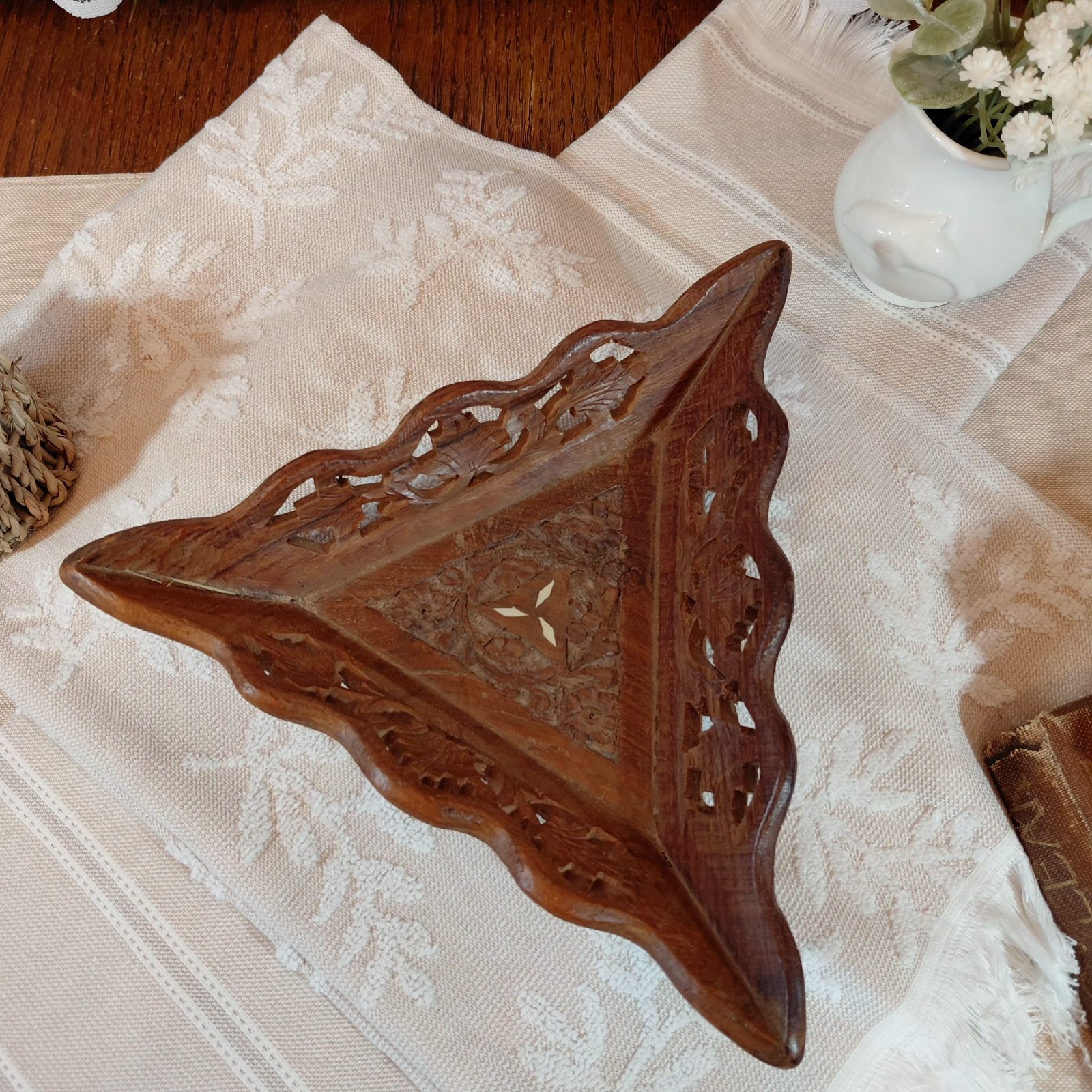 Carved Wooden Triangular Bowl – Rustic Boho Decor
