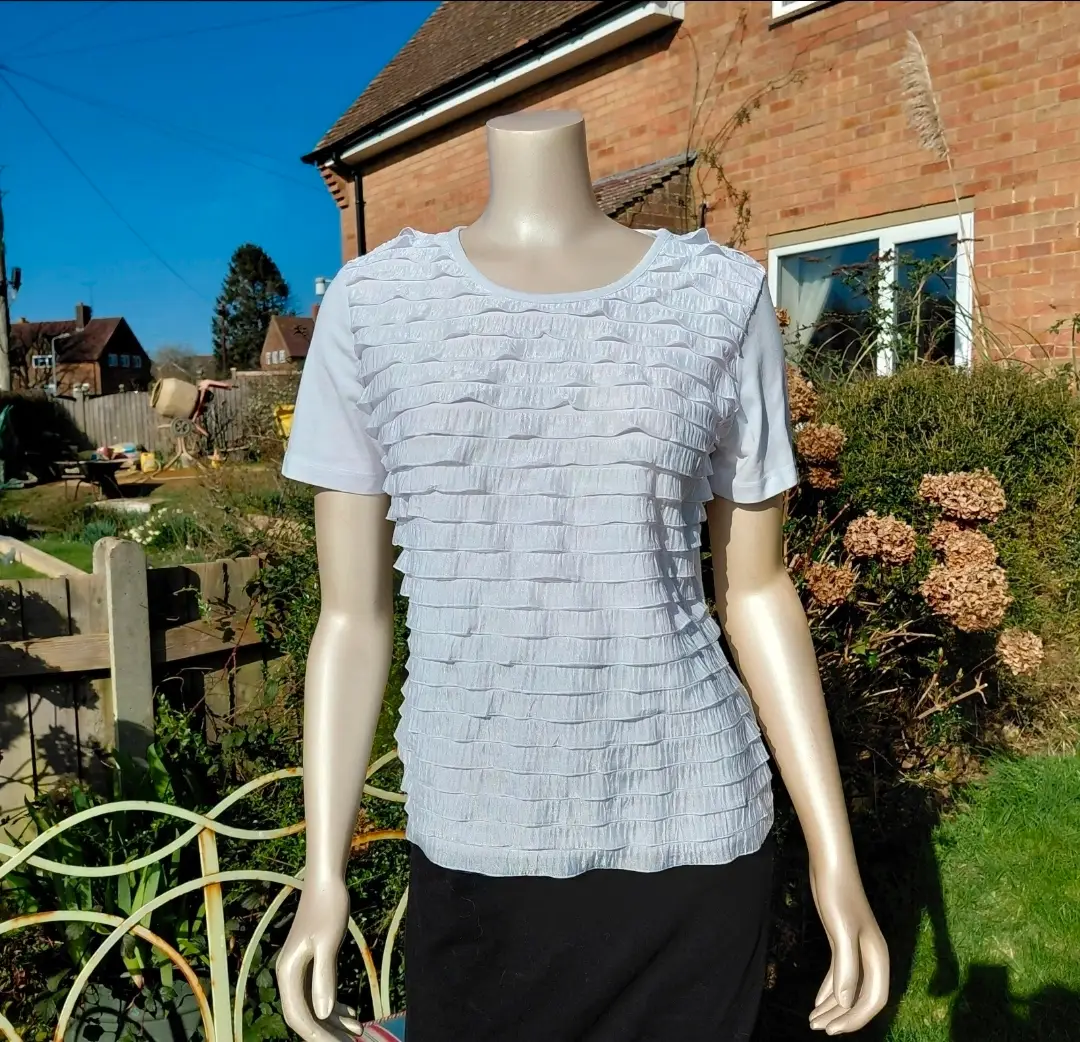 Damart White Shimmer Ruffle Front Top - Size 10/12 - Elegant & Smart