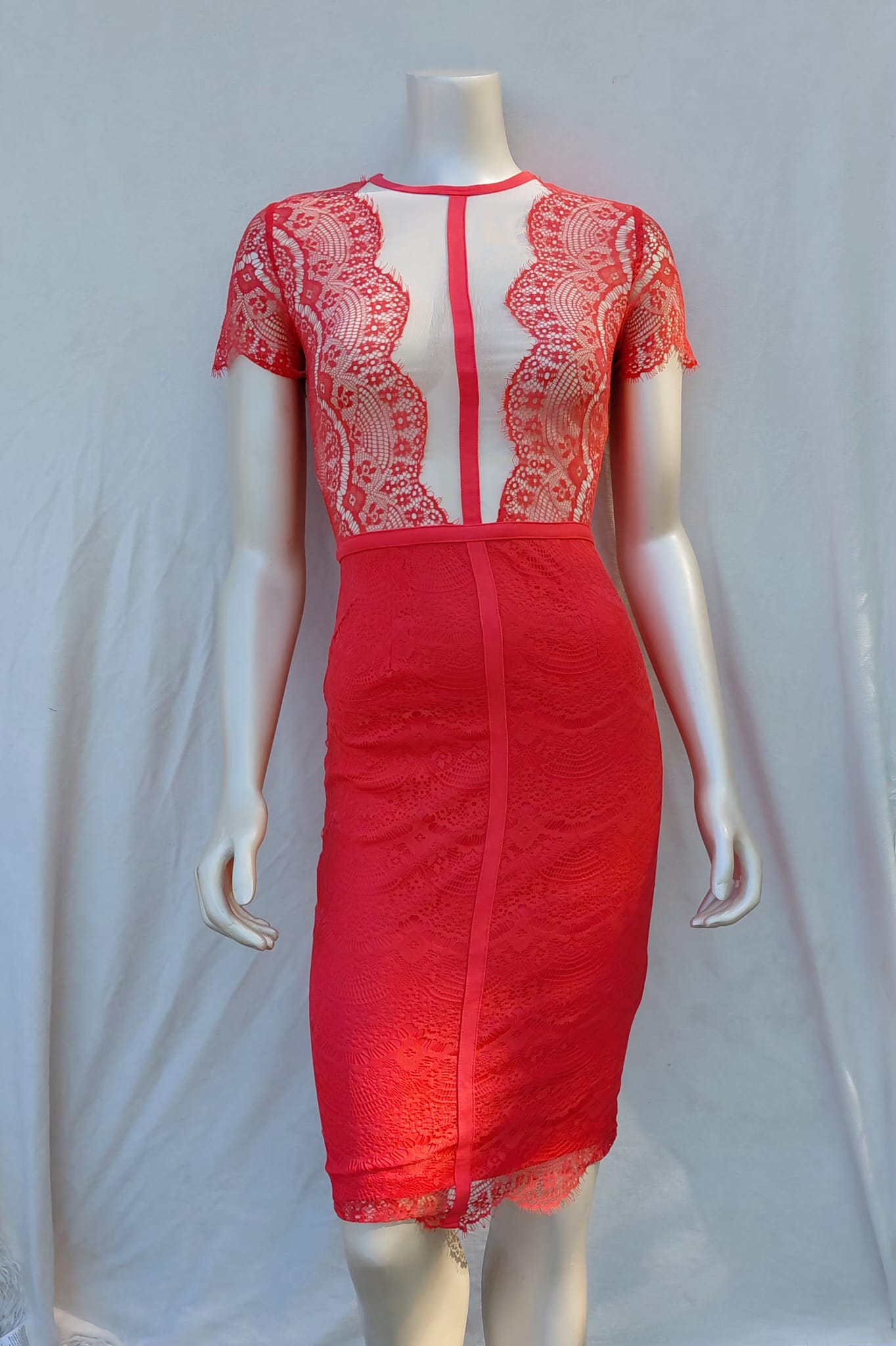 Missguided Coral Red Lace Bodycon Dress UK Size 8