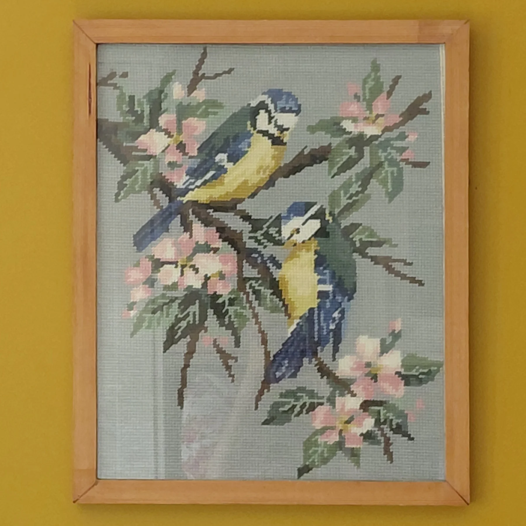 Charming Vintage Blue Tit Blossom Tapestry • Cottagecore Wall Art • Framed