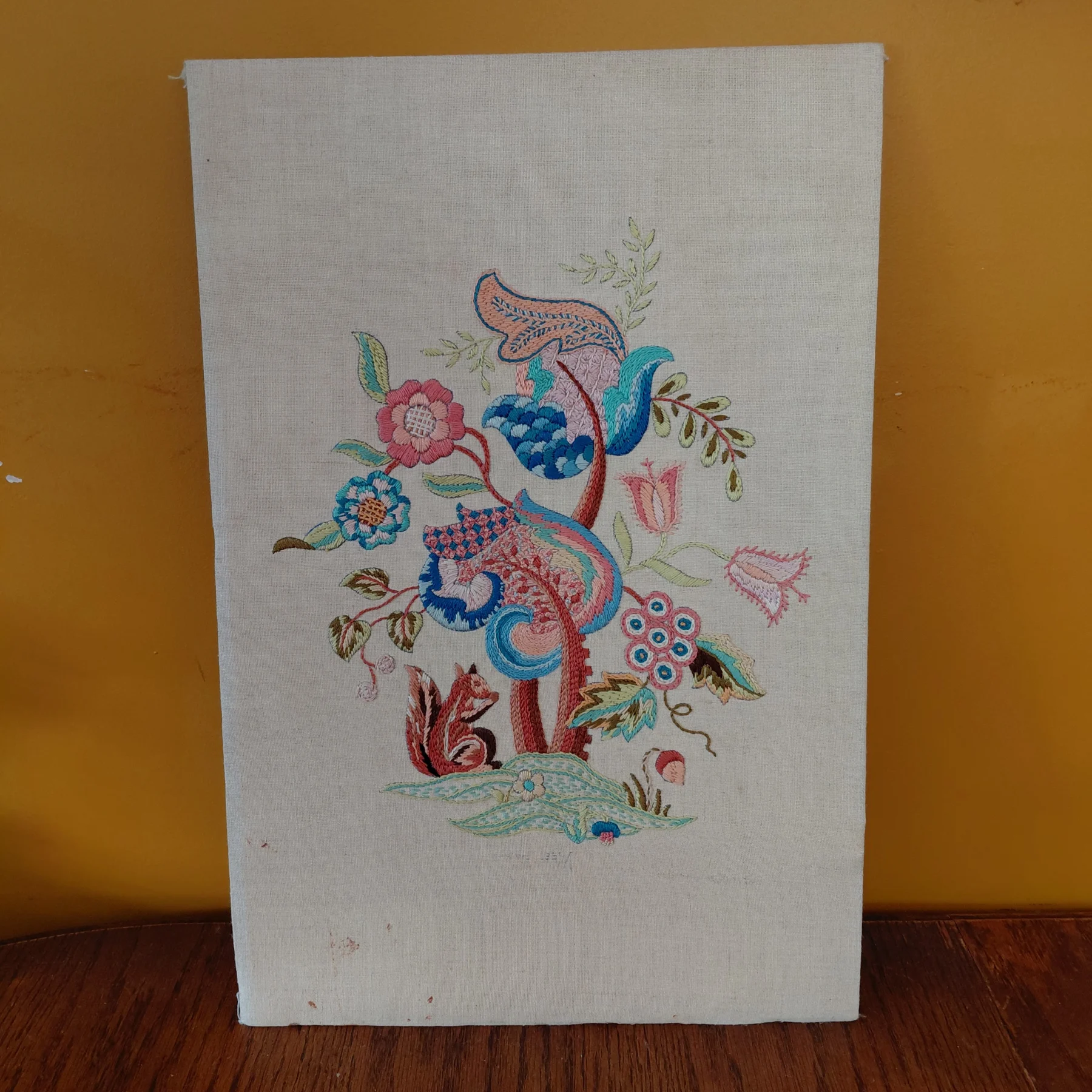 Vintage Embroidered Squirrel Floral Tapestry • 18x12" • Cottagecore Textile Art