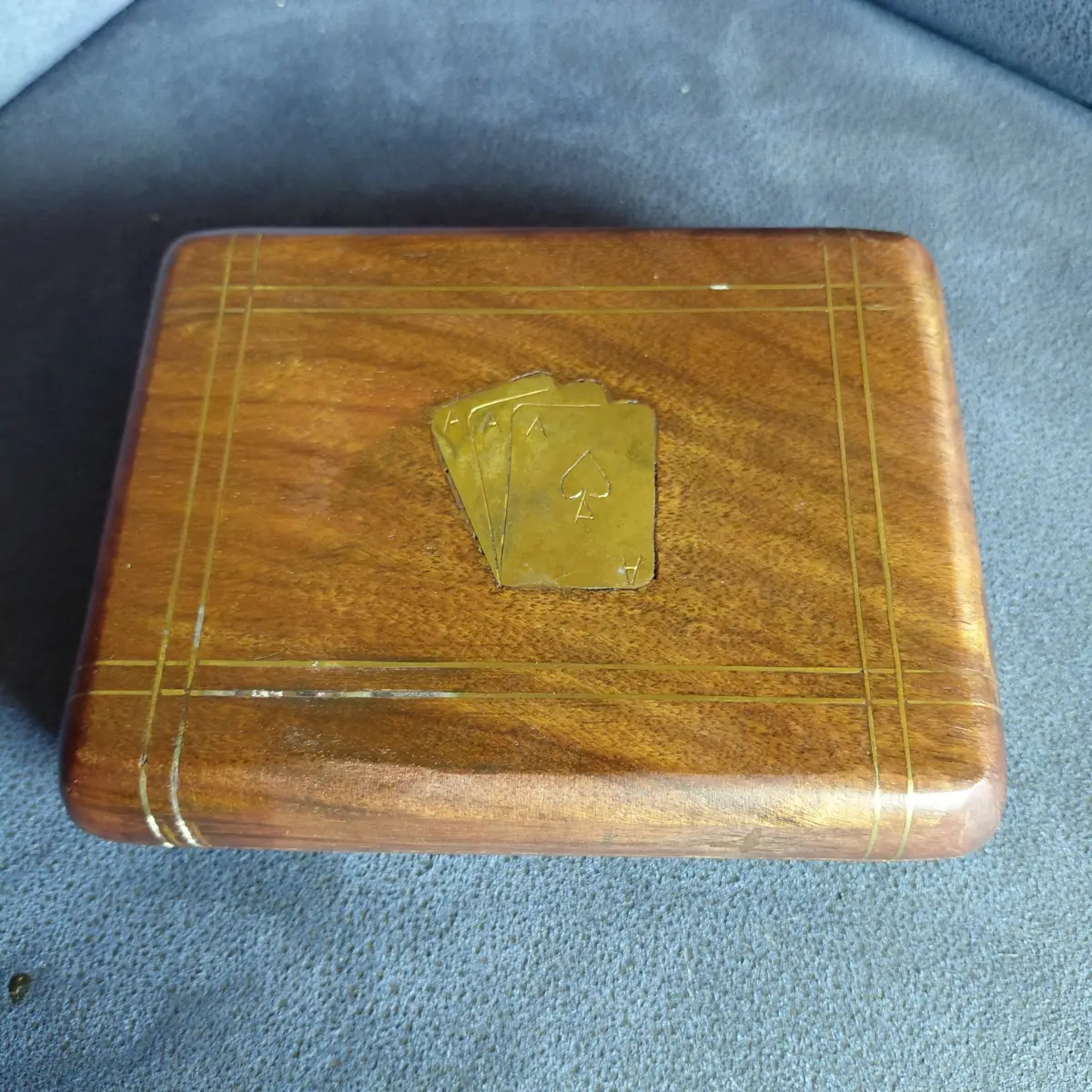 Vintage Wooden Playing Card Box – Metal Inlay – 6 x 4.5" + 2 Original Decks (Unused)
