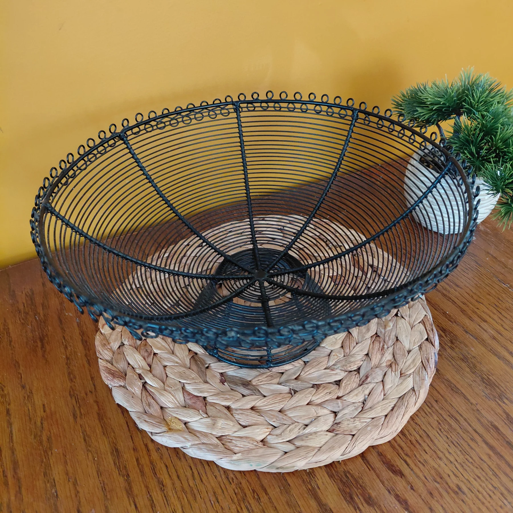 Black Pedestal Wire Basket | Scalloped Rim | 12" Display Stand