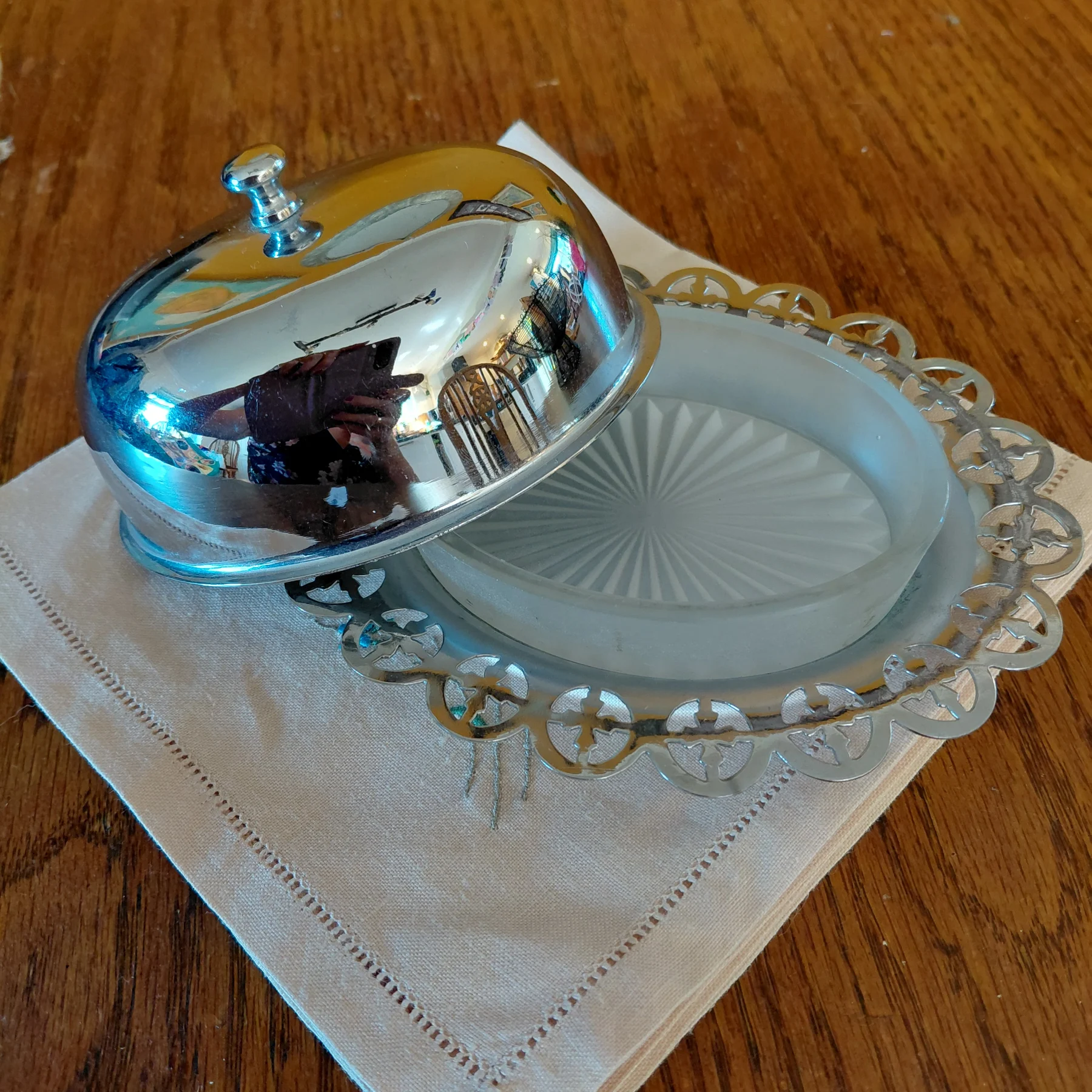 Vintage Silver-Plated Butter/Condiment Server with Faceted Glass Insert
