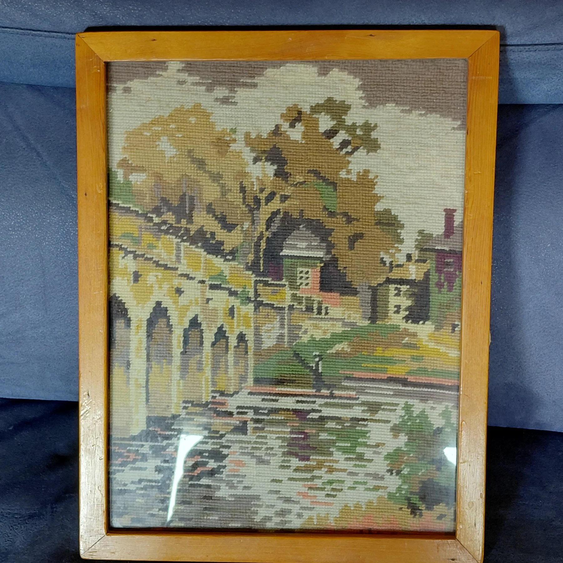 Charming River Scene Needlepoint in Wood Frame — Cottagecore Autumn Vibes